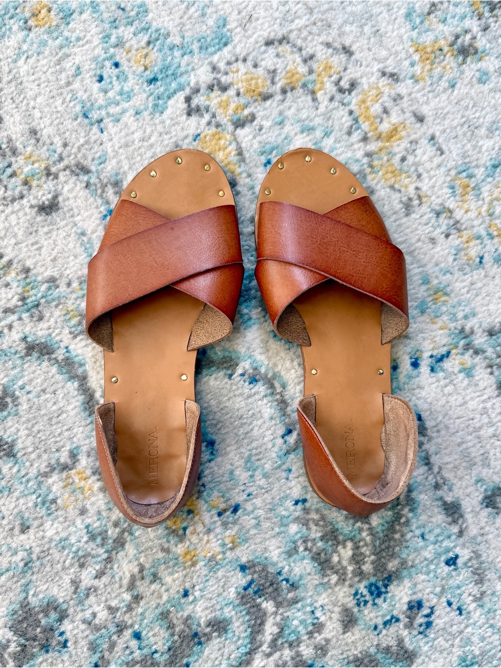 Merona Tan Brown Crisscross Leather Slide Sandals with Stud Accents Size 8.5